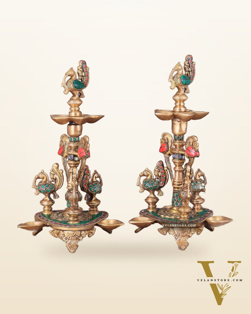 Brass Handcrafted Peacock Diya with Eight Diyas | 12 Inch