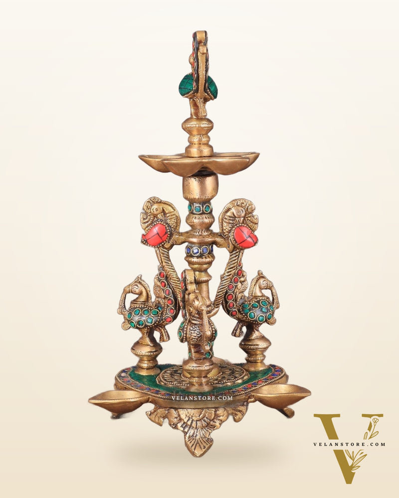 Brass Handcrafted Peacock Diya with Eight Diyas | 12 Inch