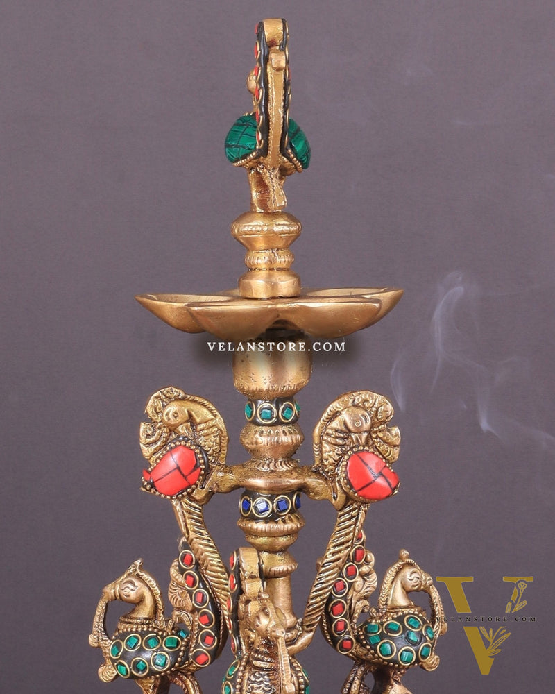 Brass Handcrafted Peacock Diya with Eight Diyas | 12 Inch