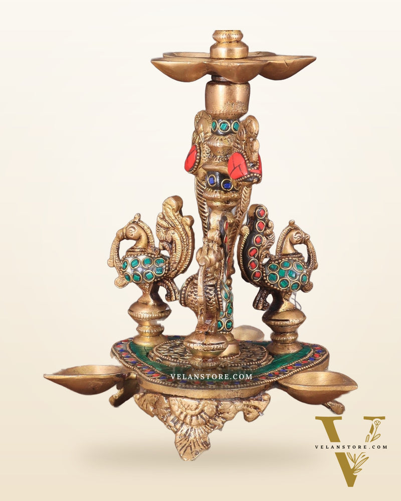 Brass Handcrafted Peacock Diya with Eight Diyas | 12 Inch