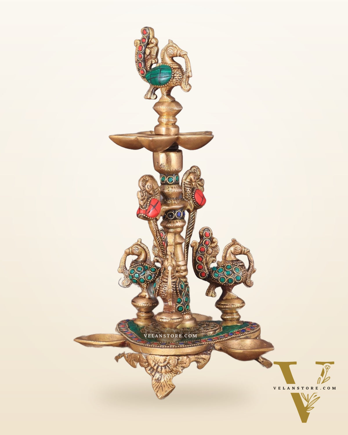 Brass Handcrafted Peacock Diya with Eight Diyas | 12 Inch