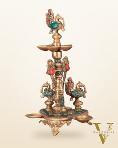 Brass Handcrafted Peacock Diya with Eight Diyas | 12 Inch