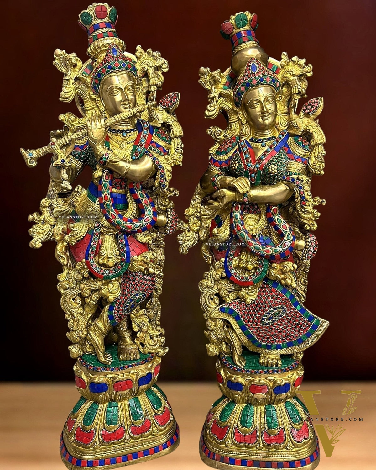 Brass Handcrafted Radha Krishna Idols with Beautiful Meenakari Stonework - 29" Tall, 33 kg Pair