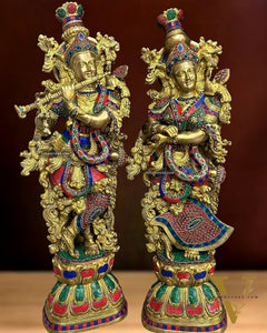 Brass Handcrafted Radha Krishna Idols with Beautiful Meenakari Stonework - 29" Tall, 33 kg Pair