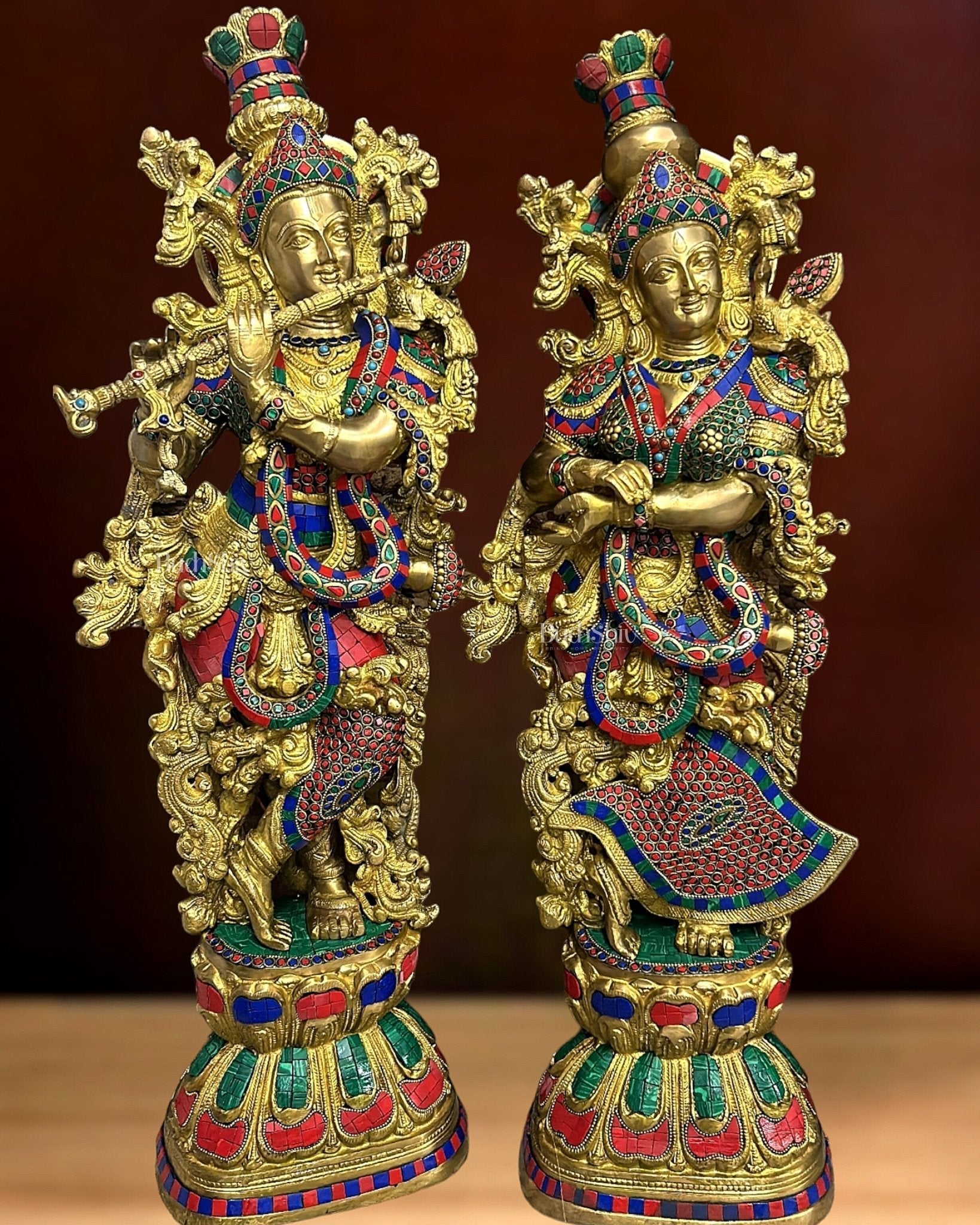 Brass Handcrafted Radha Krishna Idols with Beautiful Meenakari Stonework - 29" Tall, 33 kg Pair