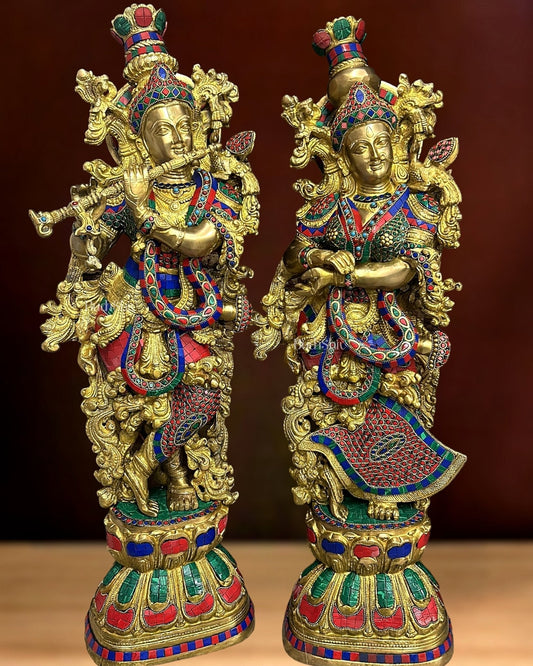 Brass Handcrafted Radha Krishna Idols with Beautiful Meenakari Stonework - 29" Tall, 33 kg Pair