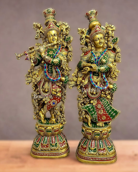 Brass Handcrafted Radha Krishna Idols with Meenakari Stonework - 29" Tall, 33 kg Pair