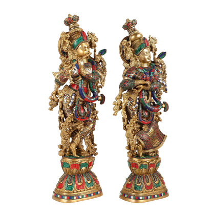Brass Handcrafted Radha Krishna Idols with Meenakari Stonework - 29" Tall, 33 kg Pair