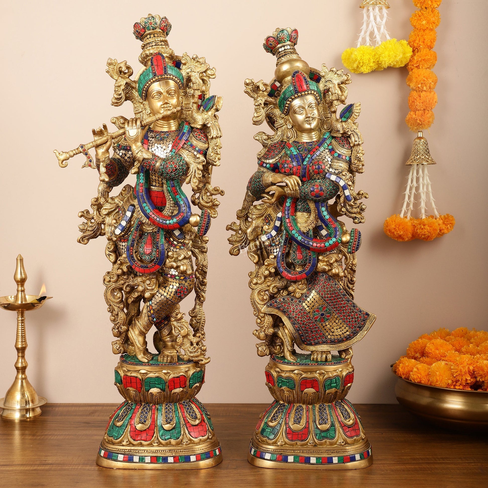Brass Handcrafted Radha Krishna Idols with Meenakari Stonework - 29" Tall, 33 kg Pair