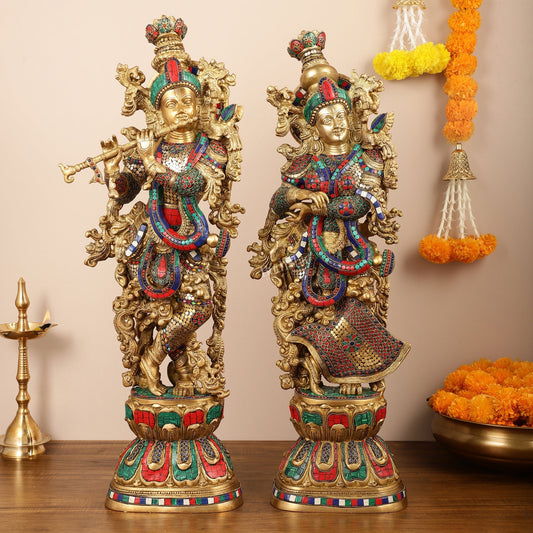 Brass Handcrafted Radha Krishna Idols with Meenakari Stonework - 29" Tall, 33 kg Pair