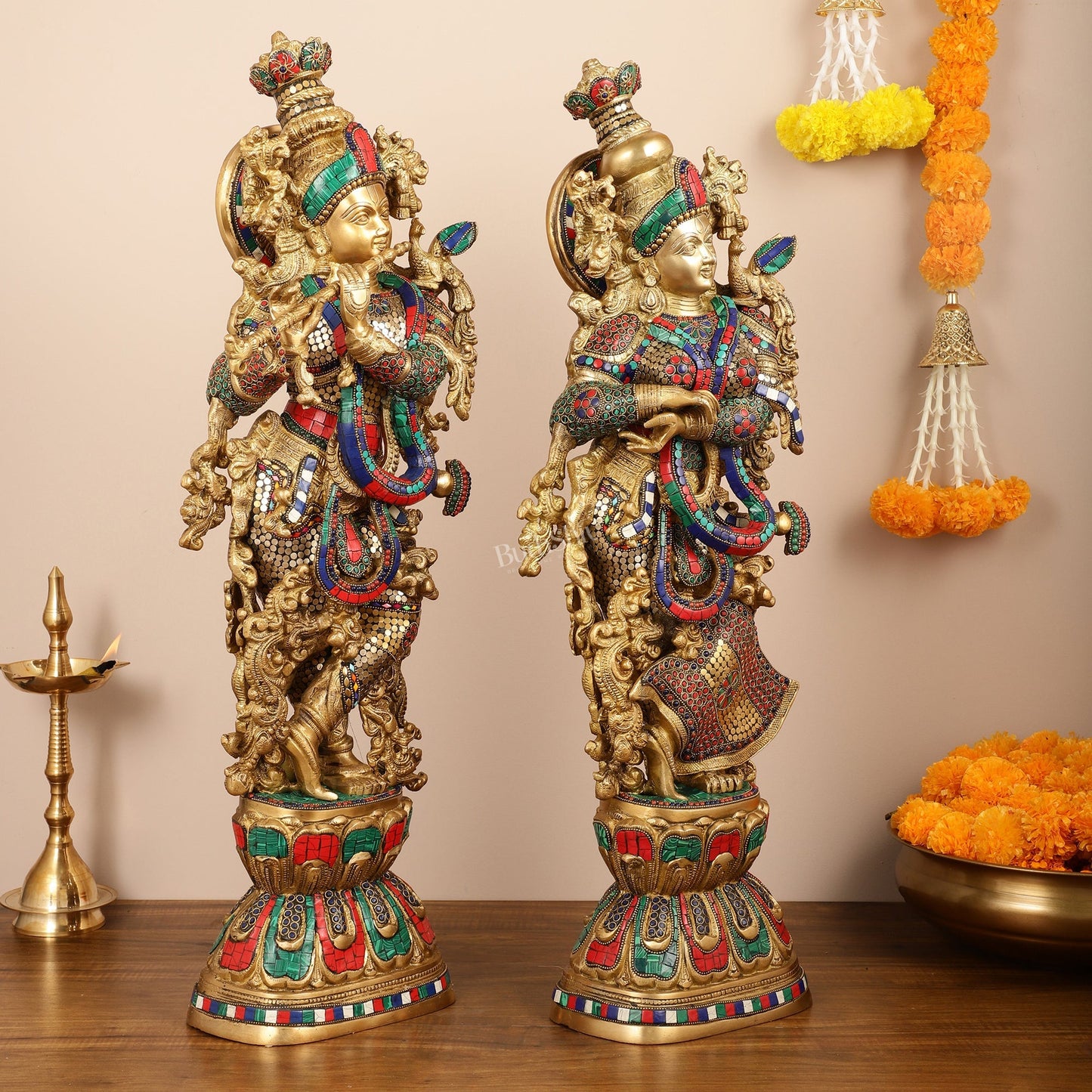 Brass Handcrafted Radha Krishna Idols with Meenakari Stonework - 29" Tall, 33 kg Pair