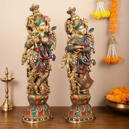 Brass Handcrafted Radha Krishna Idols with Meenakari Stonework - 29" Tall, 33 kg Pair