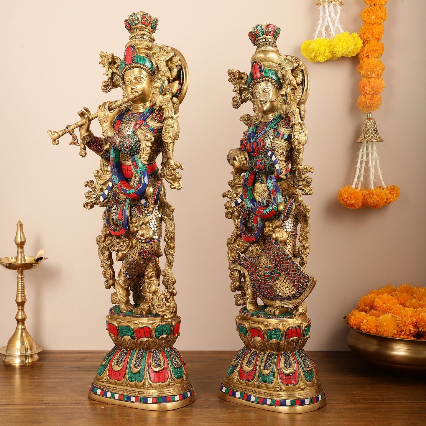 Brass Handcrafted Radha Krishna Idols with Meenakari Stonework - 29" Tall, 33 kg Pair