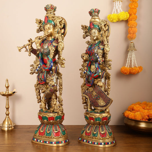 Brass Handcrafted Radha Krishna Idols with Meenakari Stonework - 29" Tall, 33 kg Pair