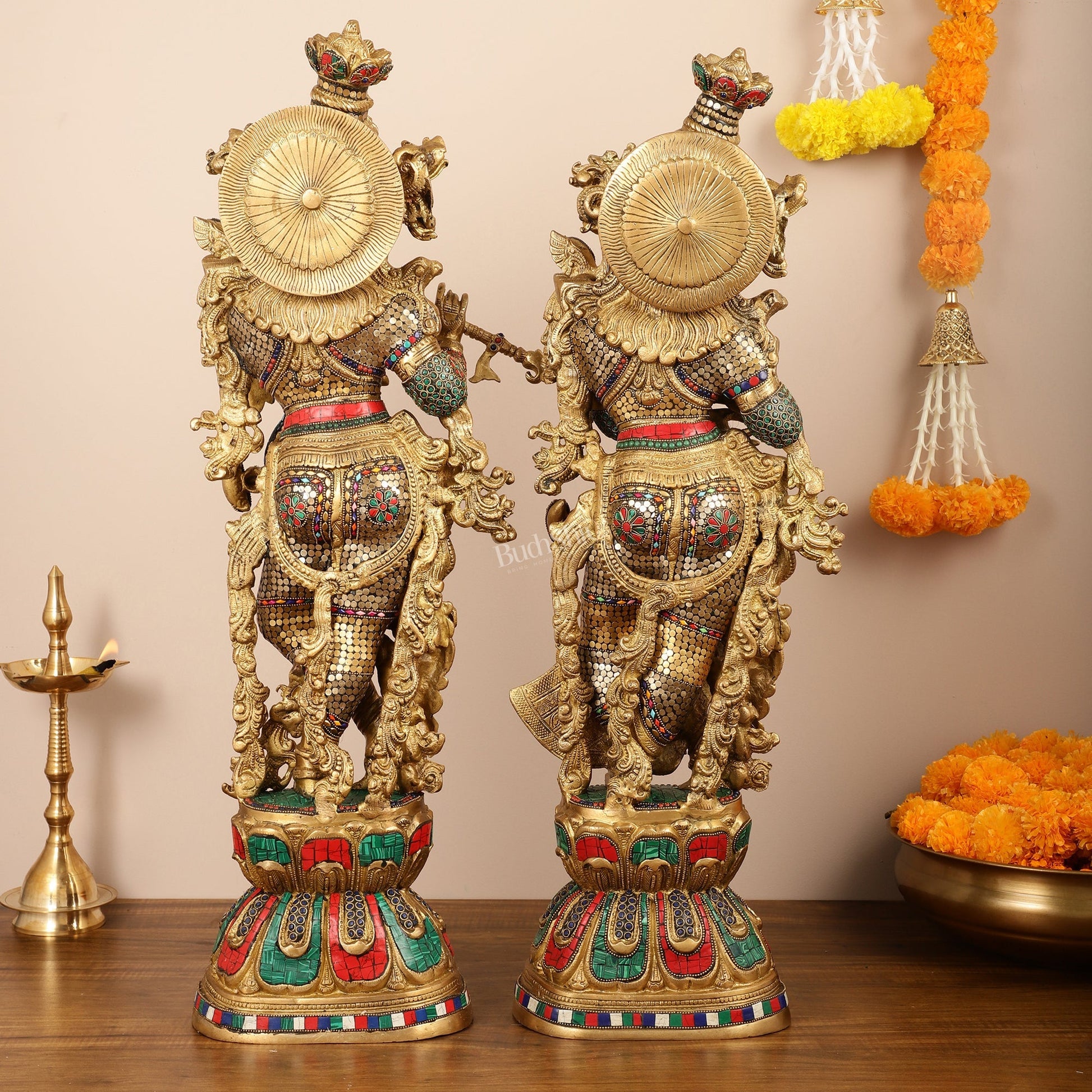 Brass Handcrafted Radha Krishna Idols with Meenakari Stonework - 29" Tall, 33 kg Pair