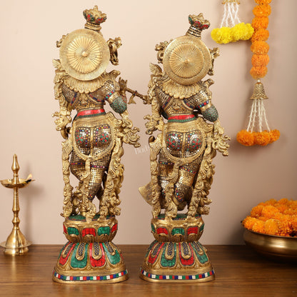 Brass Handcrafted Radha Krishna Idols with Meenakari Stonework - 29" Tall, 33 kg Pair