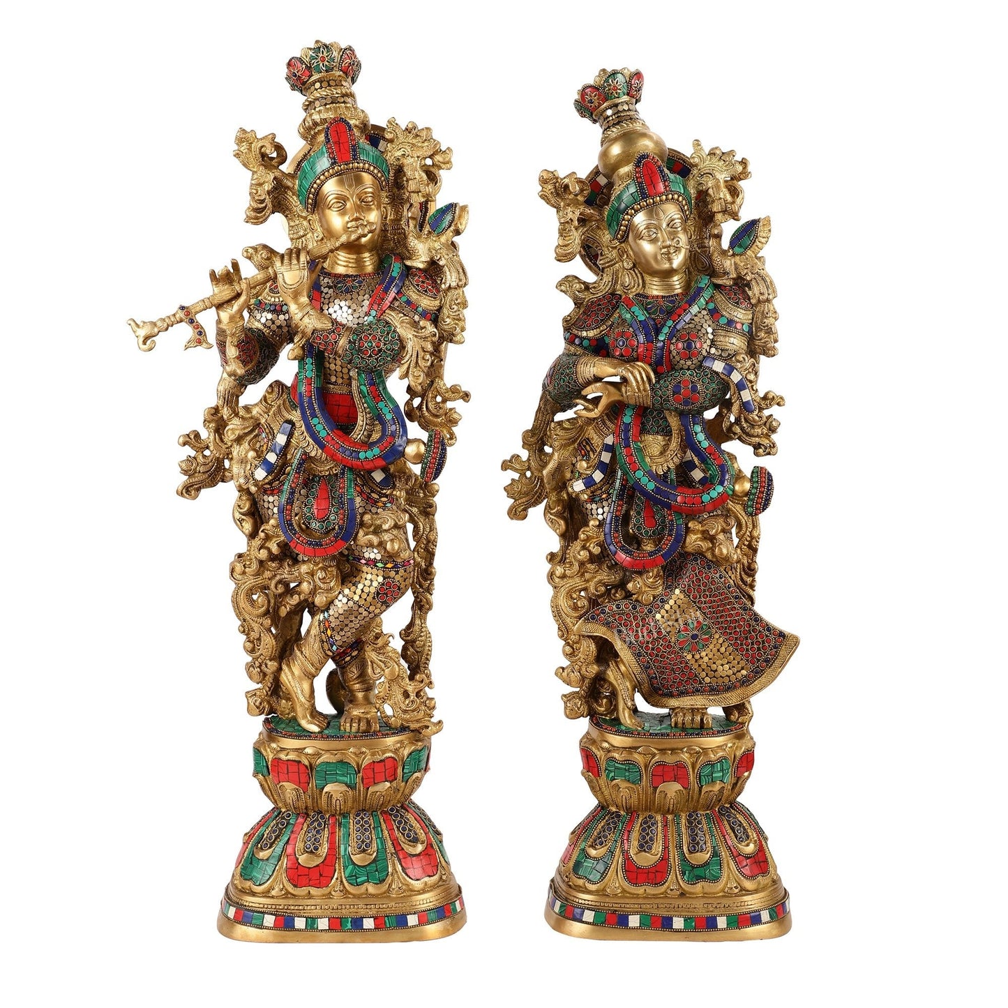 Brass Handcrafted Radha Krishna Idols with Meenakari Stonework - 29" Tall, 33 kg Pair