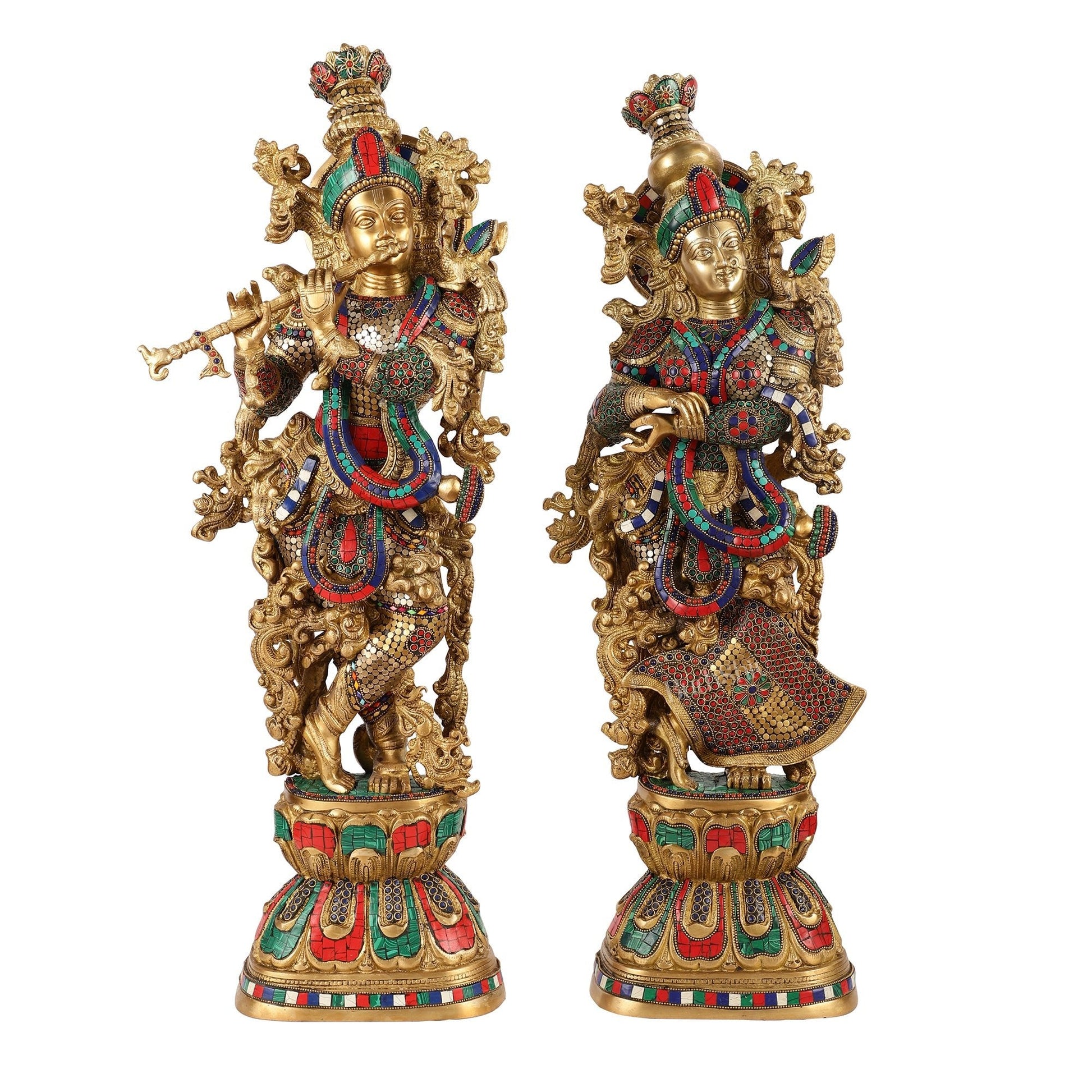 Brass Handcrafted Radha Krishna Idols with Meenakari Stonework - 29" Tall, 33 kg Pair