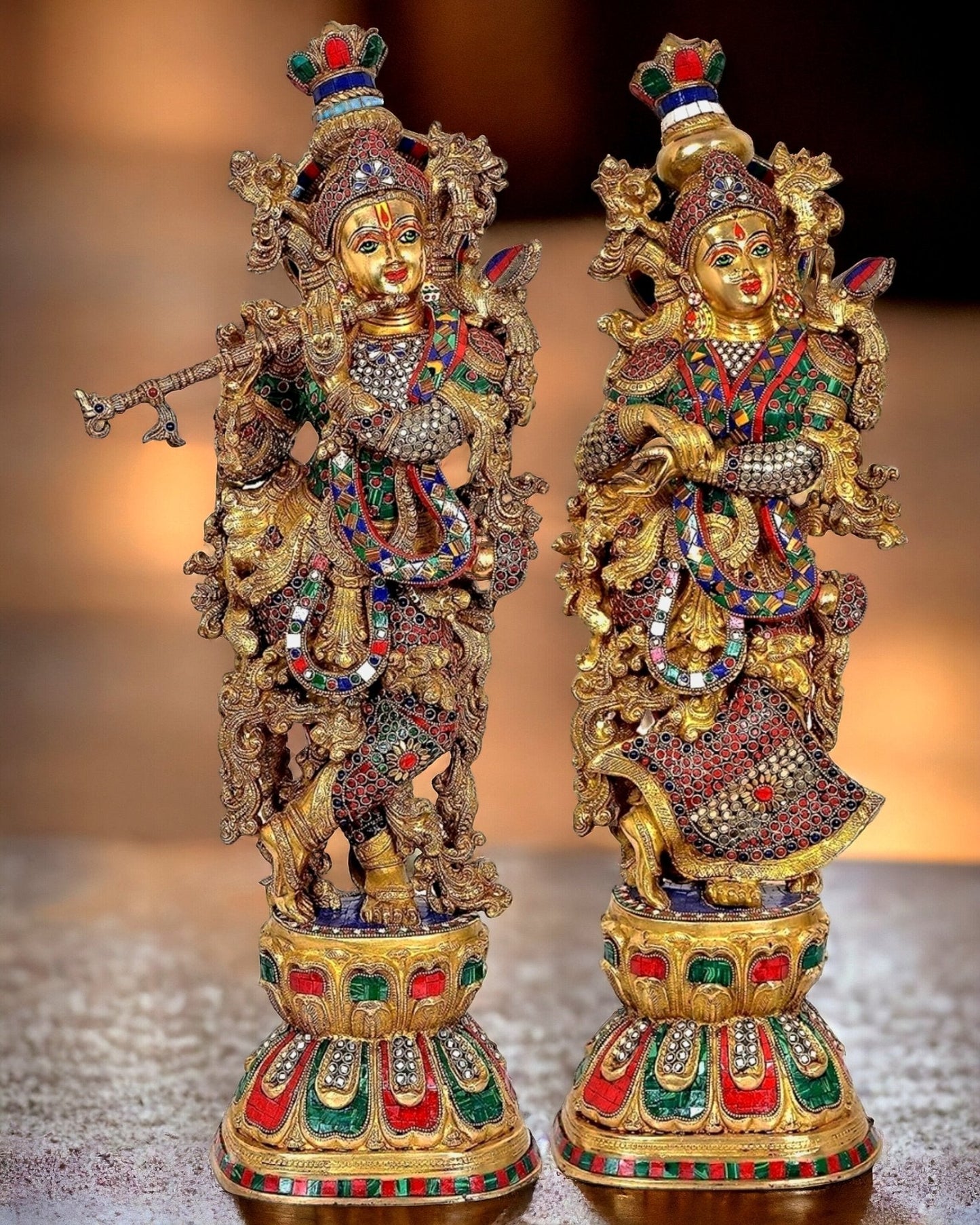 Brass Handcrafted Radha Krishna statue pair with Meenakari - 29" Tall, 33 kg Pair