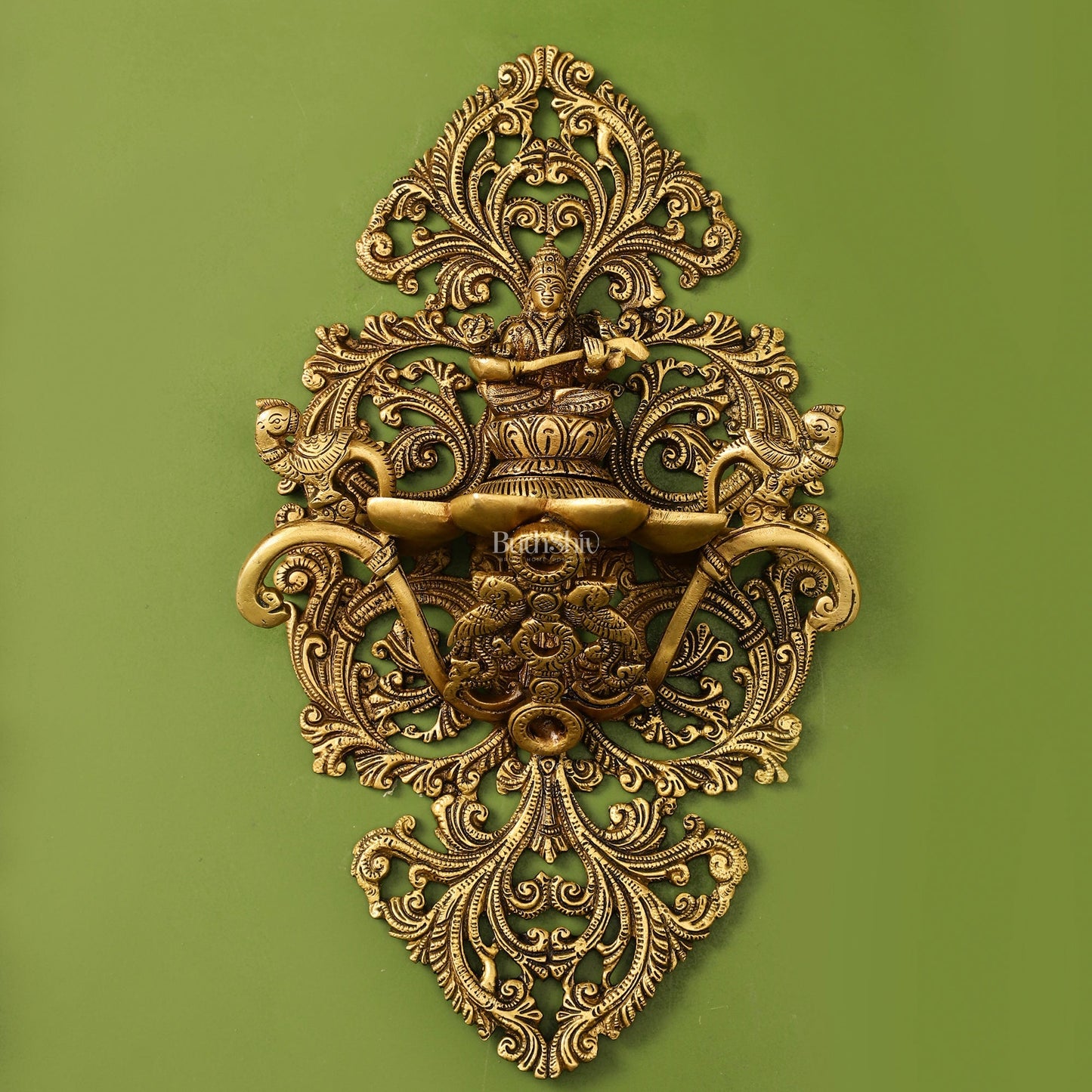 Brass Handcrafted Saraswati Wall Hanging Diya - 13 inch x 8 inch