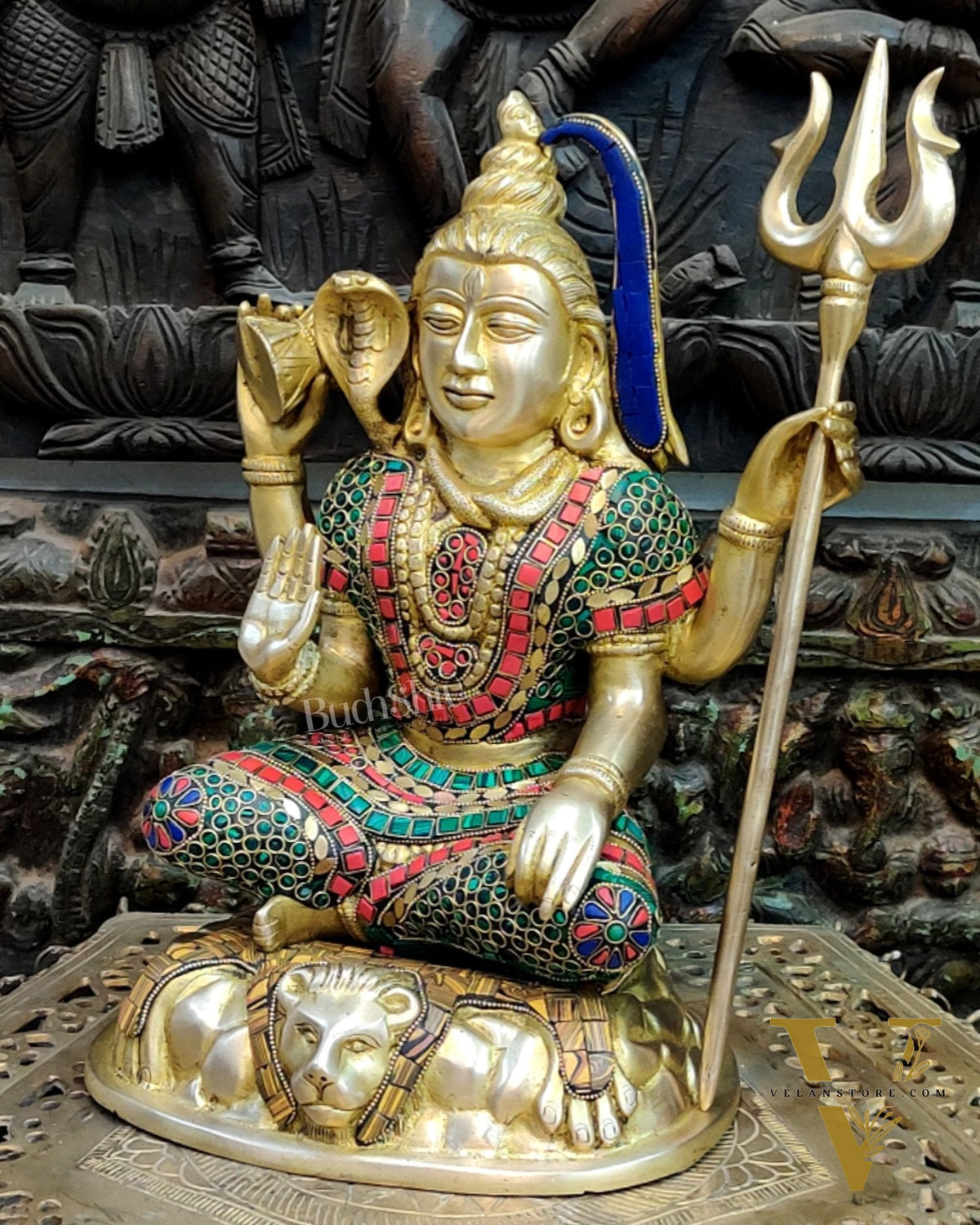 Brass Handcrafted Shiva Chaturbhuja Statue | Natural Stones | 13"
