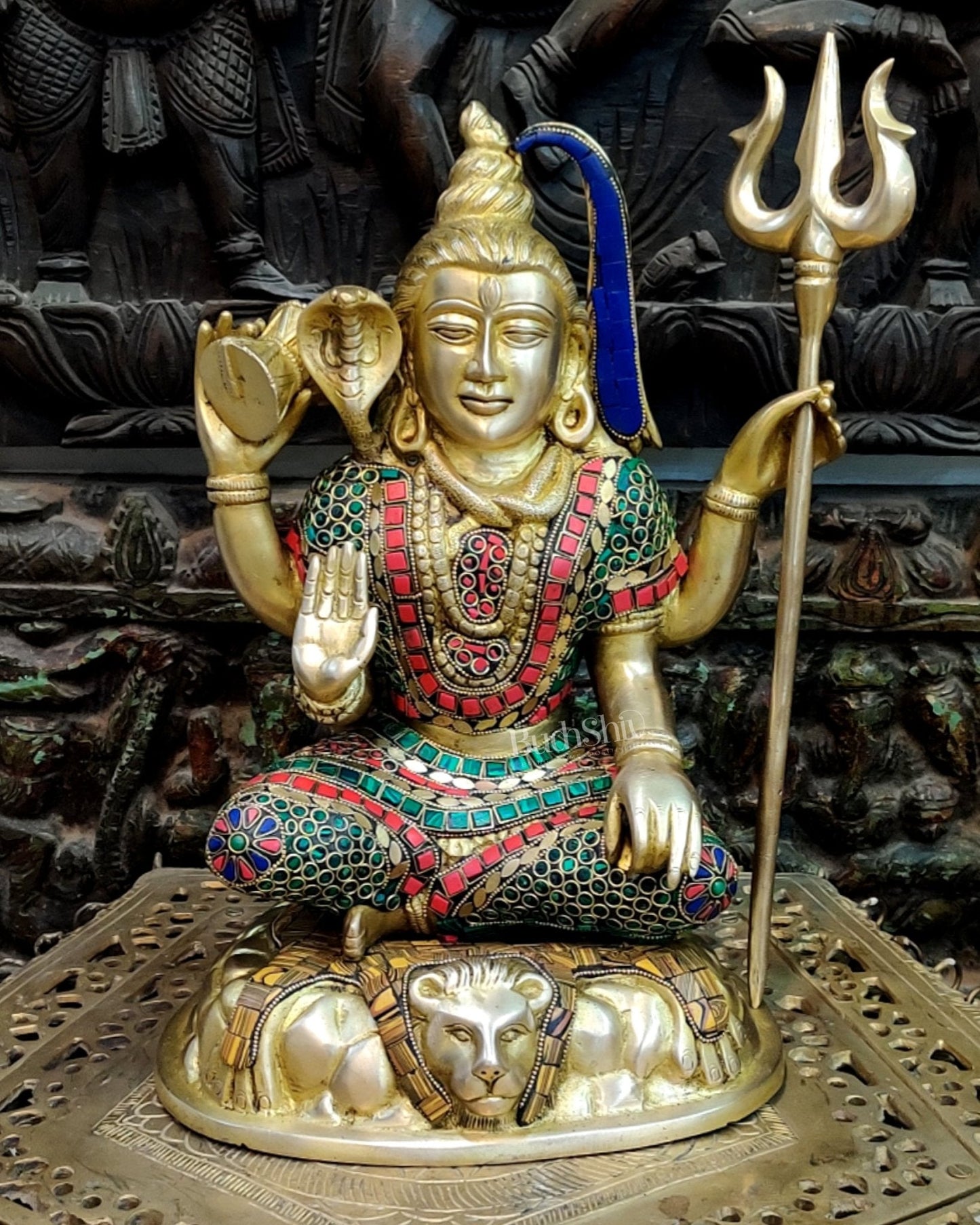 Brass Handcrafted Shiva Chaturbhuja Statue | Natural Stones | 13"