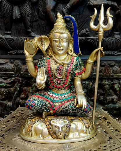 Brass Handcrafted Shiva Chaturbhuja Statue | Natural Stones | 13"