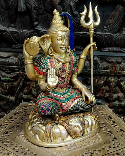 Brass Handcrafted Shiva Chaturbhuja Statue | Natural Stones | 13"