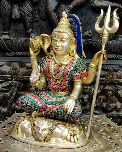 Brass Handcrafted Shiva Chaturbhuja Statue | Natural Stones | 13"
