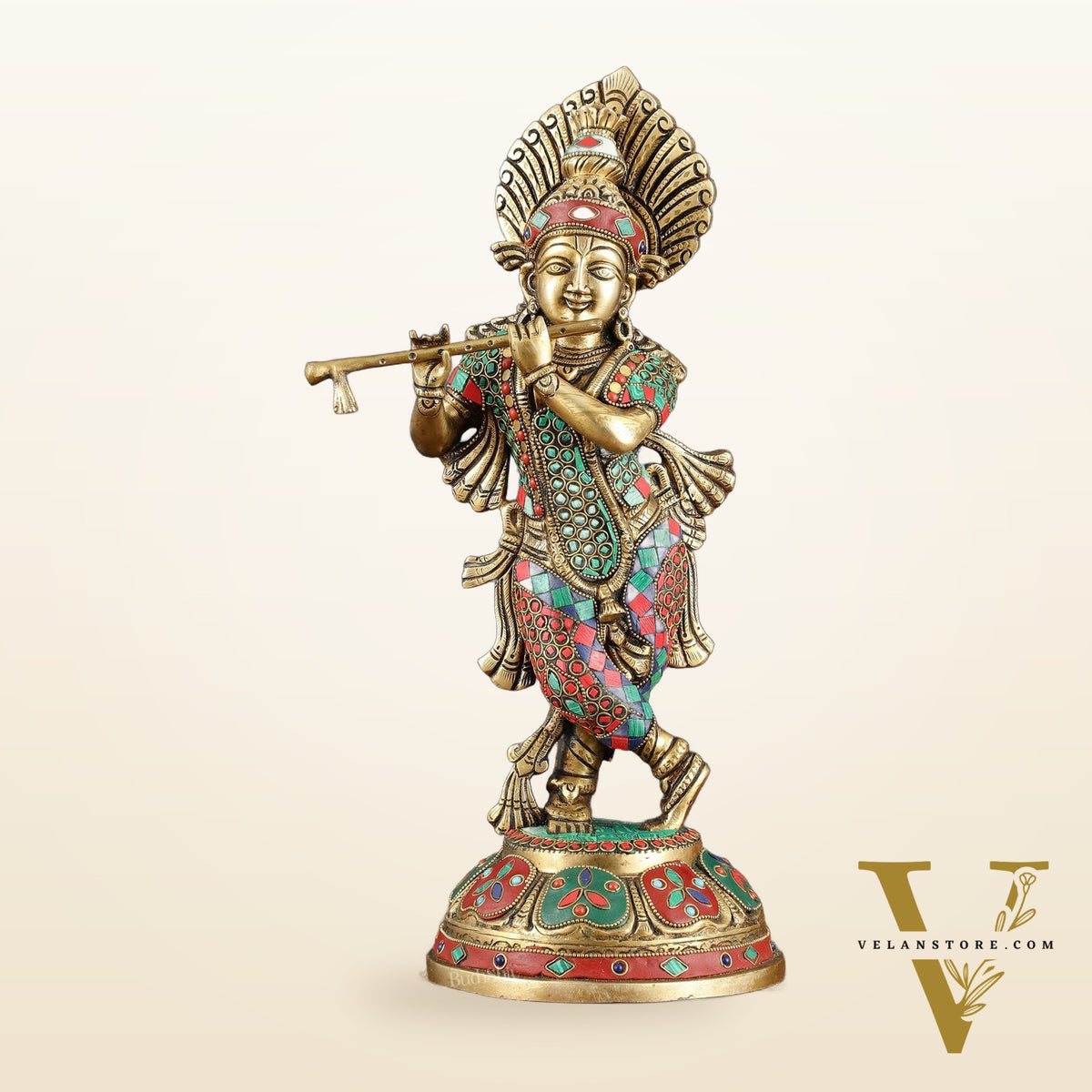 Brass Handcrafted Shri Krishna idol - 15 " stonework