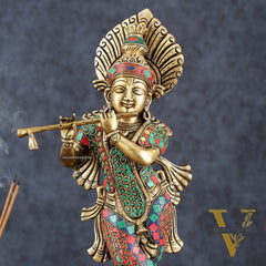 Brass Handcrafted Shri Krishna idol - 15 " stonework