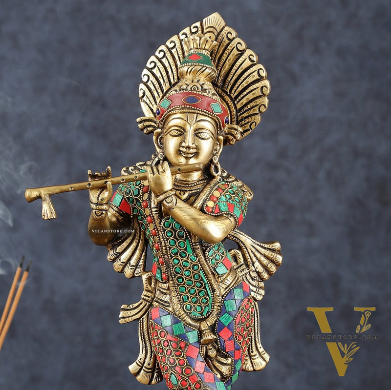 Brass Handcrafted Shri Krishna idol - 15 " stonework