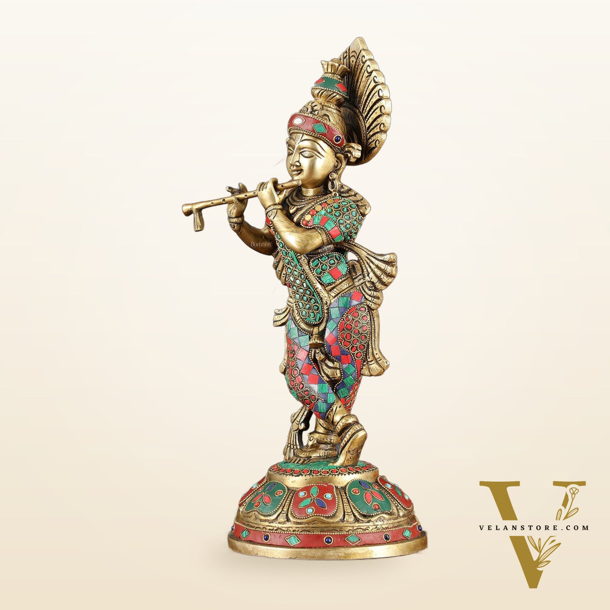 Brass Handcrafted Shri Krishna idol - 15 " stonework