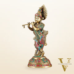 Brass Handcrafted Shri Krishna idol - 15 " stonework