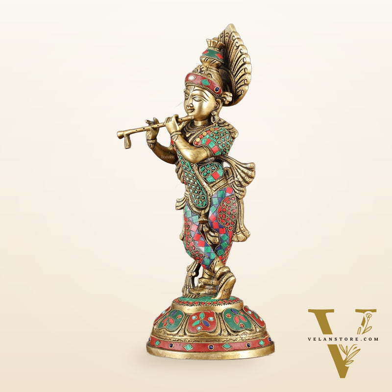 Brass Handcrafted Shri Krishna idol - 15 " stonework
