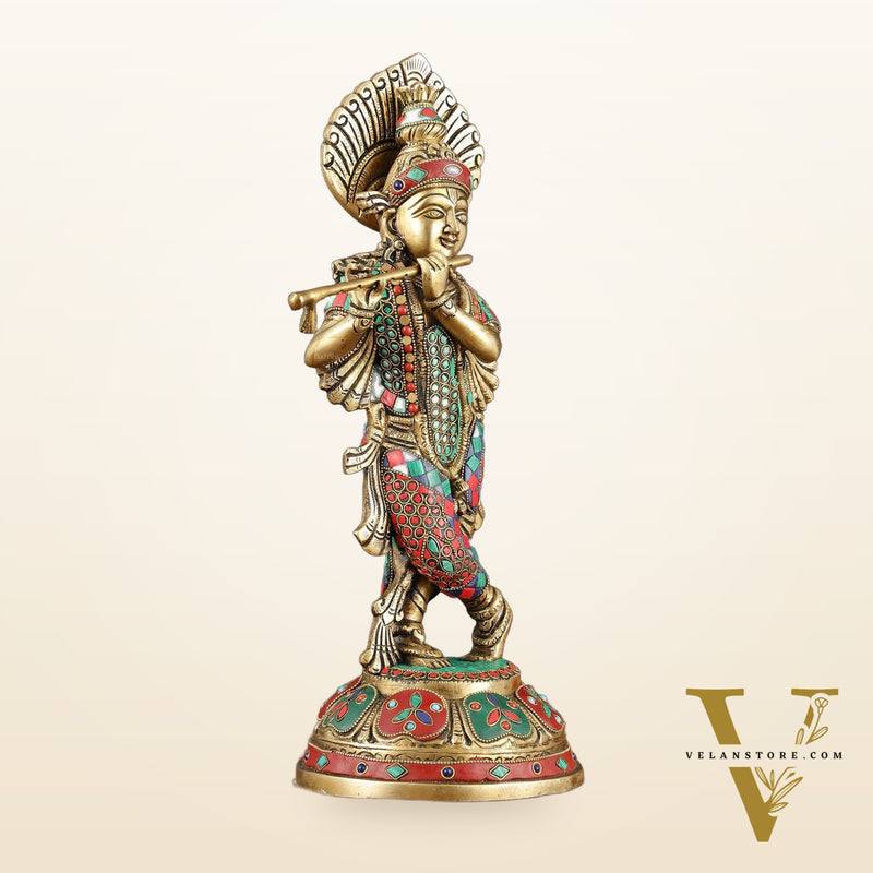 Brass Handcrafted Shri Krishna idol - 15 " stonework