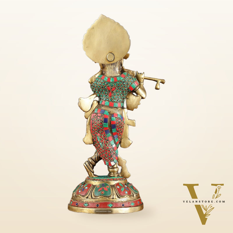 Brass Handcrafted Shri Krishna idol - 15 " stonework
