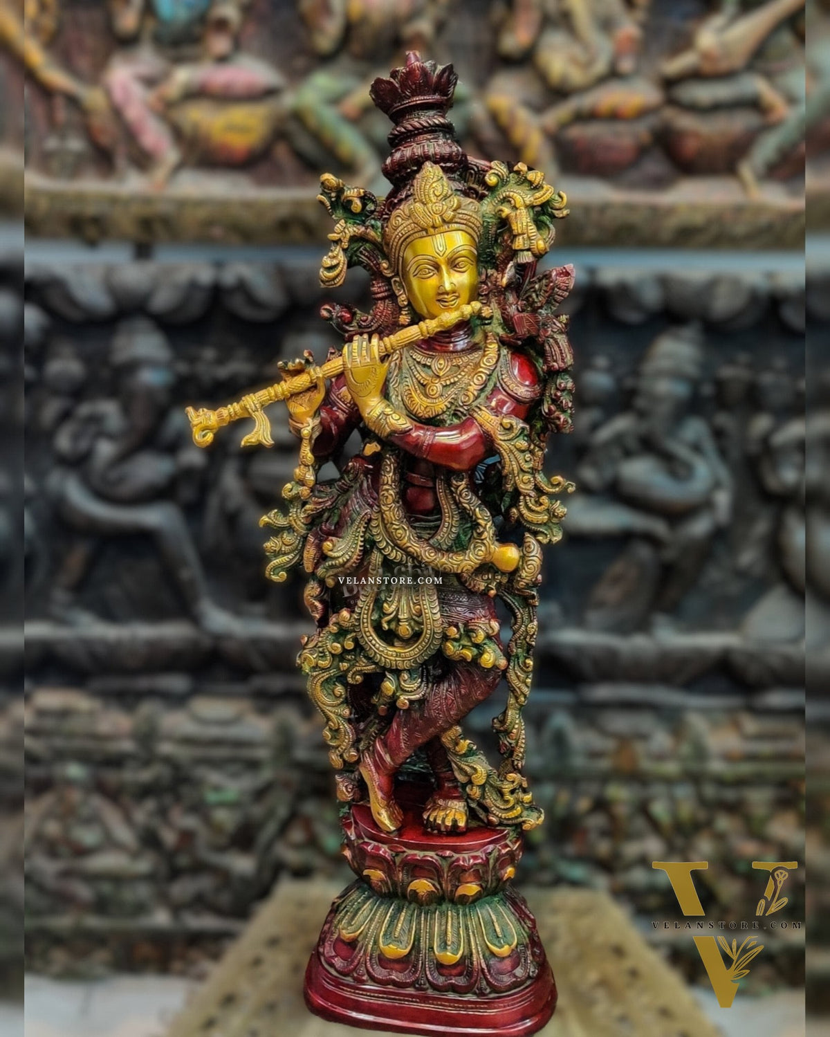 Brass Handcrafted Statue of Lord Krishna - on Pedestal | 30"