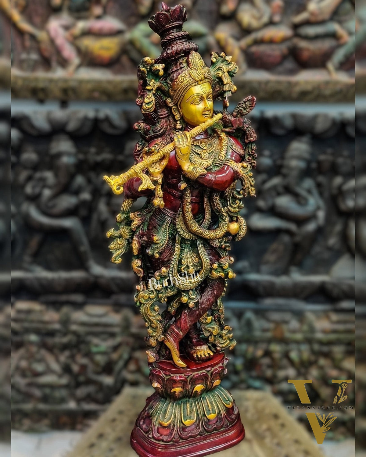 Brass Handcrafted Statue of Lord Krishna - on Pedestal | 30"