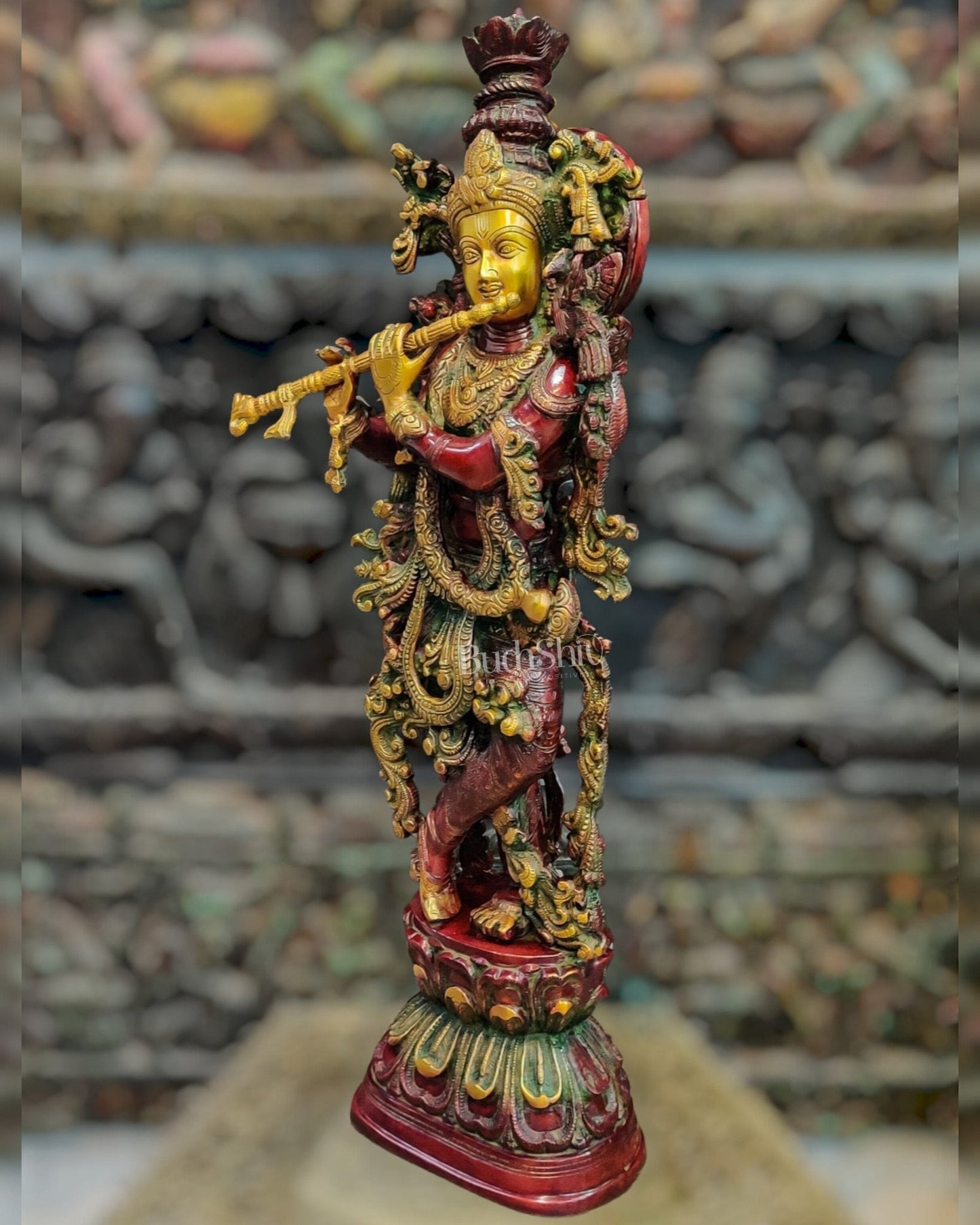 Brass Handcrafted Statue of Lord Krishna - on Pedestal | 30"