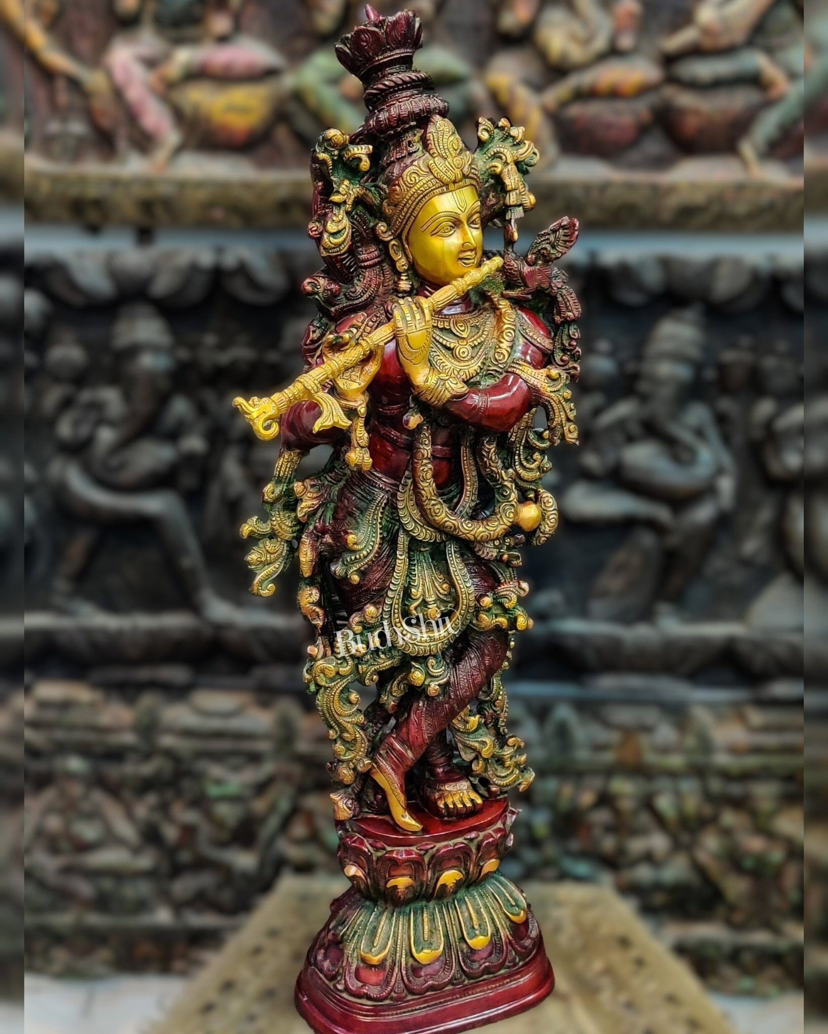 Brass Handcrafted Statue of Lord Krishna - on Pedestal | 30"