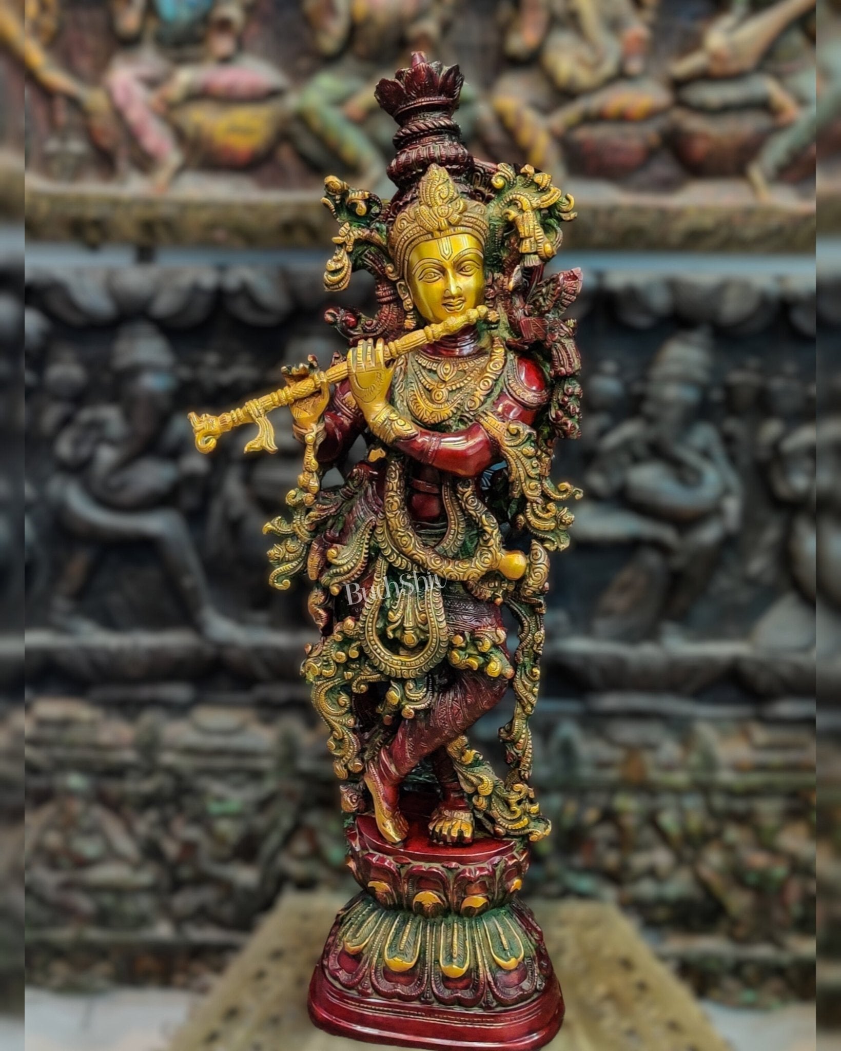 Brass Handcrafted Statue of Lord Krishna - on Pedestal | 30"