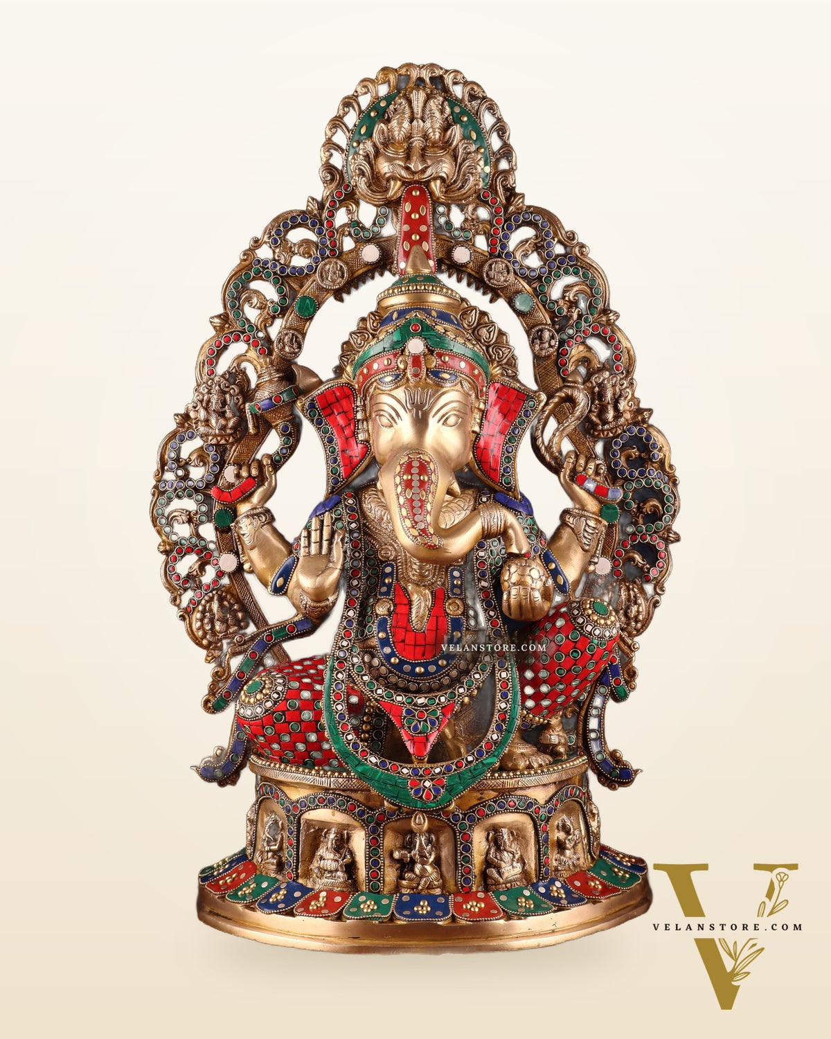 Brass Handcrafted Superfine Lord Ganesha Statue - 26 inch with stonework