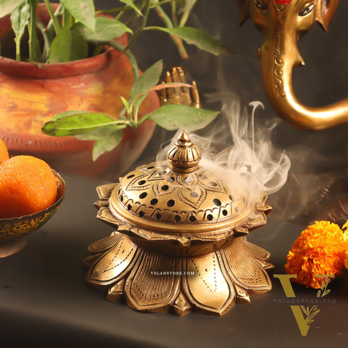 Brass Handmade Lotus Design Lobaandaani | Dhoop Burner and Incense Charcoal Burner with Lid | Height 3.5 inches, Width 4 inches, Depth 4 inches
