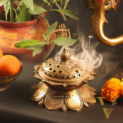 Brass Handmade Lotus Design Lobaandaani | Dhoop Burner and Incense Charcoal Burner with Lid | Height 3.5 inches, Width 4 inches, Depth 4 inches