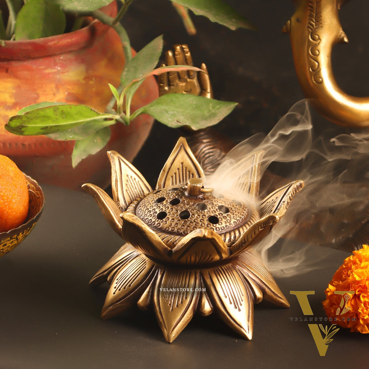 Brass Handmade Lotus Design Lobaandaani | Dhoop Burner and Incense Charcoal Burner with Lid 4"
