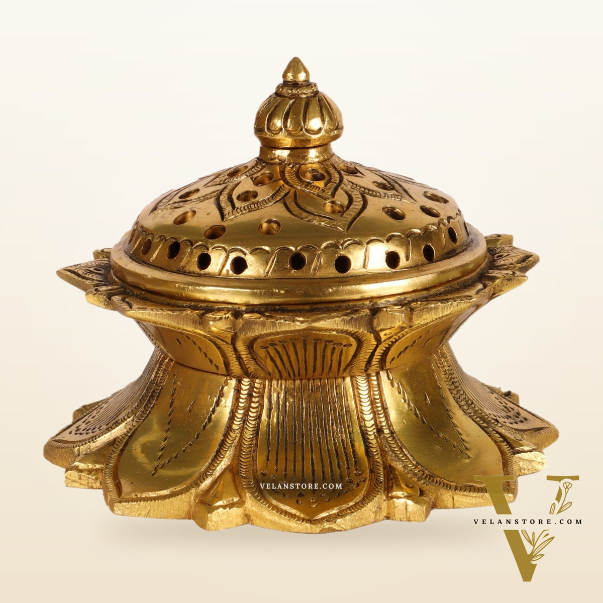 Brass Handmade Lotus Design Lobaandaani | Dhoop Burner and Incense Charcoal Burner with Lid | Height 3.5 inches, Width 4 inches, Depth 4 inches
