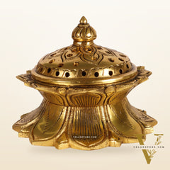 Brass Handmade Lotus Design Lobaandaani | Dhoop Burner and Incense Charcoal Burner with Lid | Height 3.5 inches, Width 4 inches, Depth 4 inches