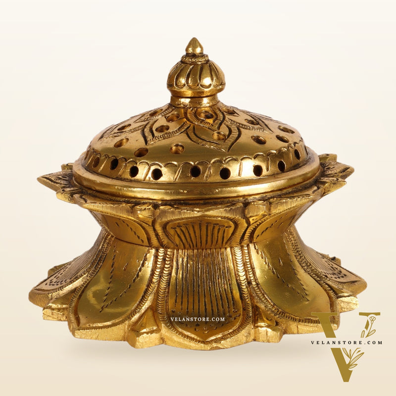 Brass Handmade Lotus Design Lobaandaani | Dhoop Burner and Incense Charcoal Burner with Lid | Height 3.5 inches, Width 4 inches, Depth 4 inches