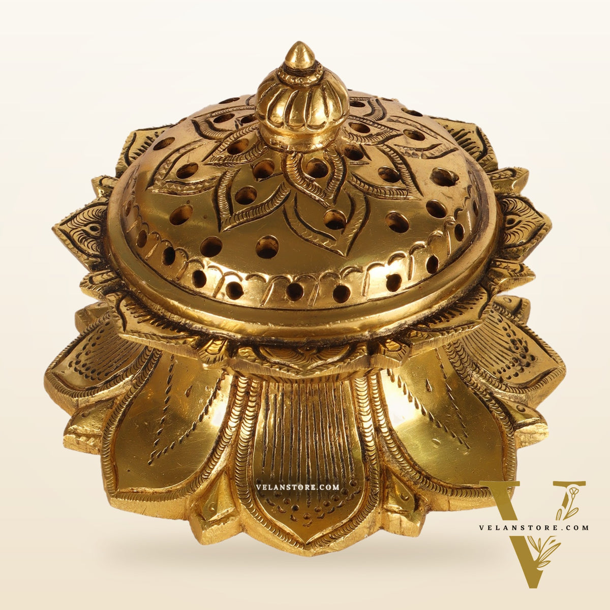 Brass Handmade Lotus Design Lobaandaani | Dhoop Burner and Incense Charcoal Burner with Lid | Height 3.5 inches, Width 4 inches, Depth 4 inches